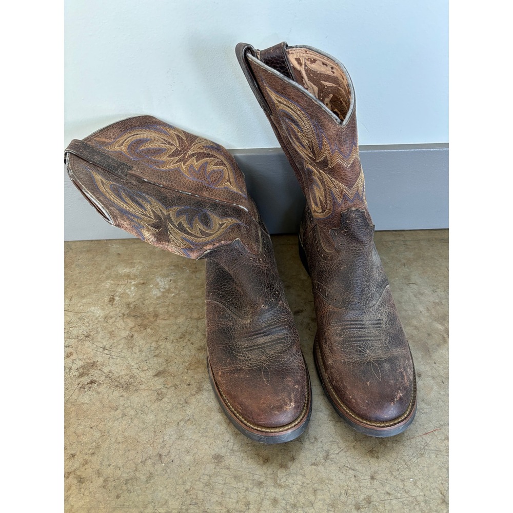 Justin Mens Brown Leather Western Cowboy Boots Distressed Round Toe Size‎ 10